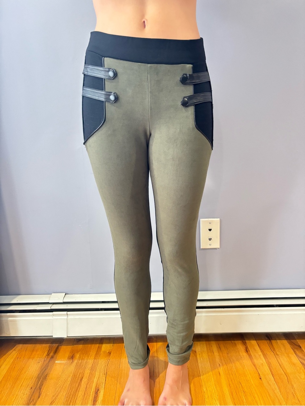 bebe Black Ponte High-Waist Leggings with Strap Detail